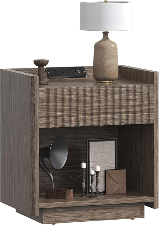 Bigbiglife Fluted Nightstand with Charging Station, 22" Modern Side Table with Drawer End Table with Open Storage, Bedside Table for Bedroom, Living Room, Natural Oak (1, Dark Walnut)