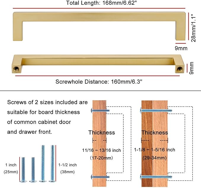 KOOFIZO Solid Square Bar Cabinet Handle - Brushed Gold Furniture Pull, 6.3 Inch/160mm Screwhole Distance, 10-Pack for Kitchen Cupboard Door, Bedroom Dresser Drawer, Bathroom Wardrobe Hardware