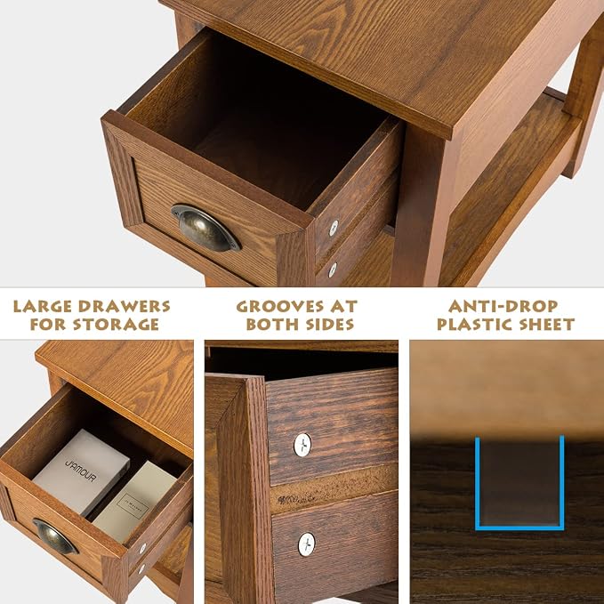 KOTEK End Table with Drawer and Open Shelf, Retro Narrow Side Table Nightstand w/Solid Wood Legs, Slim End Table for Small Space, Living Room, Bedroom, Home Office (Tawny)