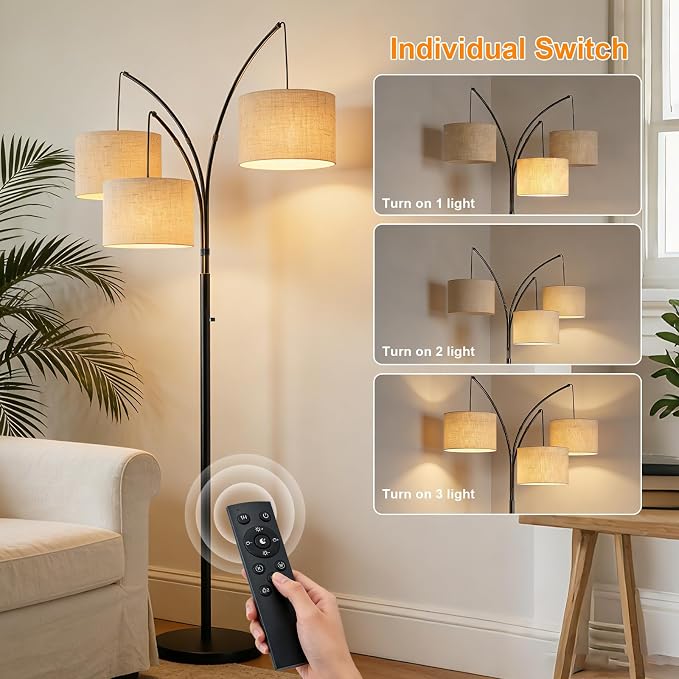 80 Inch Arc Floor Lamp with Remote Control, 3-Light Dimmable Standing Lamp for Living Room, 2400LM Super Bright Tree Lamp for Bedroom, Modern Tall Floor Lamp with Adjustable Arms&Weighted Base