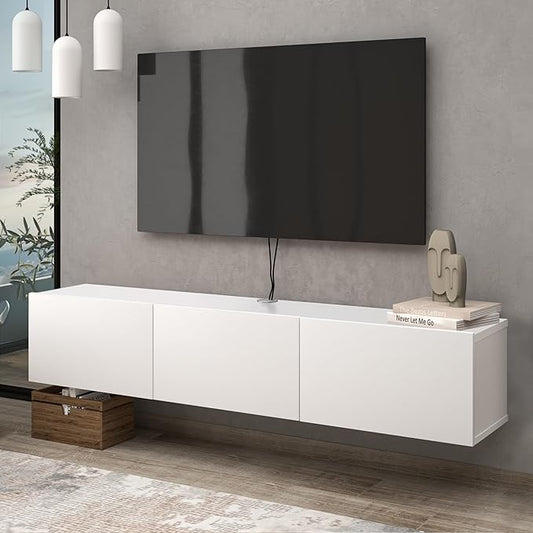 Atelier Mobili White Floating TV Console, Wall Mounted TV Stand for Up to 75 Inch TV, Floating Entertainment Center with Shelf