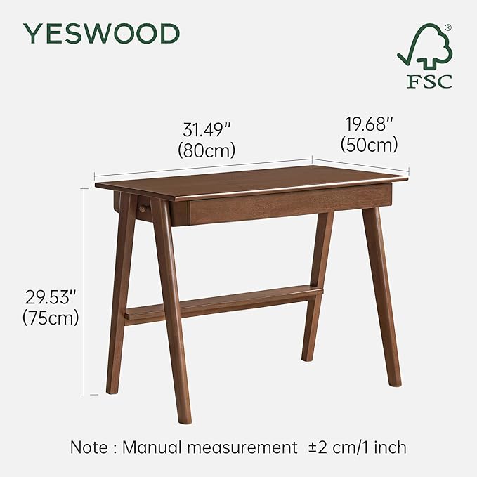YESWOOD 100% Solid Rubber Wood Desk, Mid Century Modern Writing Computer Desk in Walnut Finish with Drawer for Home Office, Sturdy Room, Bedroom 31.49" W