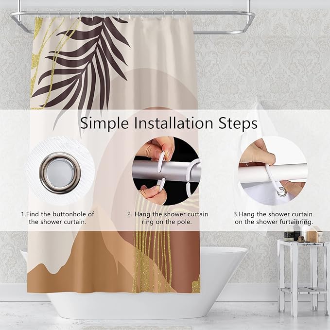 Abstract Mid Century Boho Bathroom Shower Curtain - Eucalyptus Leaves, Gold Lines, Mountains - Waterproof Fabric Polyester With Hooks for Home Decor, 72x78 Inch
