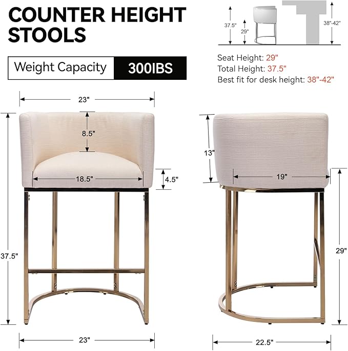Contemporary Cream Linen Bar Stools Set of 3, 29" Upholstered Fabric Counter Height Barstools Kitchen Counter Island Stools with Screwed Together Golden Metal Base
