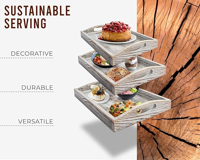 Comfify Serving Trays Set of 3 - Ottoman Wood Trays for Entertainment, Food and Decor - Rustic Farmhouse Distressed Wood Finish - Rustic White