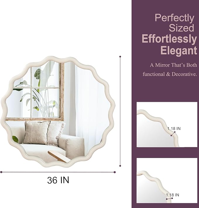 36 Inch Wooden Wavy Round Wall Mirror, Modern Solid Wood Frame Circle Decorative Accent Mirror for Bedroom, Bathroom, Living Room, Entryway, White