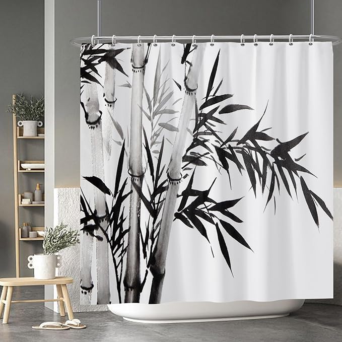 Baocicco Black White Bamboo Shower Curtain Chinese Ink Painting Plant Art Aesthetic Shower Curtains Decorative for Bathroom Waterproof Fabric Shower Curtain with Hooks 72x72 Inches