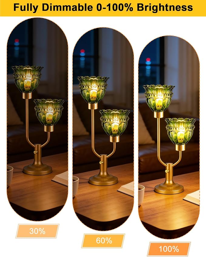Lightdot Vintage Green Glass Table Lamp for Bedroom Dimmable Mid Century Modern Gold Desk Lamp Nightstand Lamp 2 Bulbs Included Warmwhite Ambient Bedside Lamps for Living Room Home Office Decor Gift