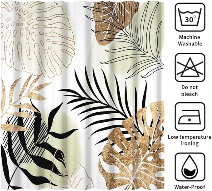 Modern Boho Shower Curtain Green Gold Palm Leaves Abstract Aesthetic Bathroom Decor Gorgeous Watercolor Botanical Theme Bohemian Bath Curtain Washable Waterproof Polyester Fabric with Hooks 69x75 Inch