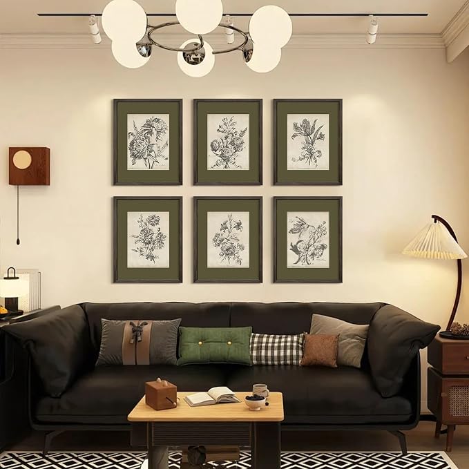 Vintage Floral Wall Art Sketch Flower Prints Antique Botanical Canvas Wall Art Decor Vintage Etchings Floral Poster Green Botanical Painting Sage Green Artwork for Bedroom 8x10x6 Inch Wood Framed