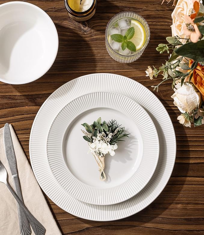 TheTerra Stoneware Dinnerware Sets for 6, 18 Pieces Ceramic Plates and Bowls Sets, Scratch Resistant Embossed Dish Set, Oven, Microwave & Dishwasher Safe, Bright White