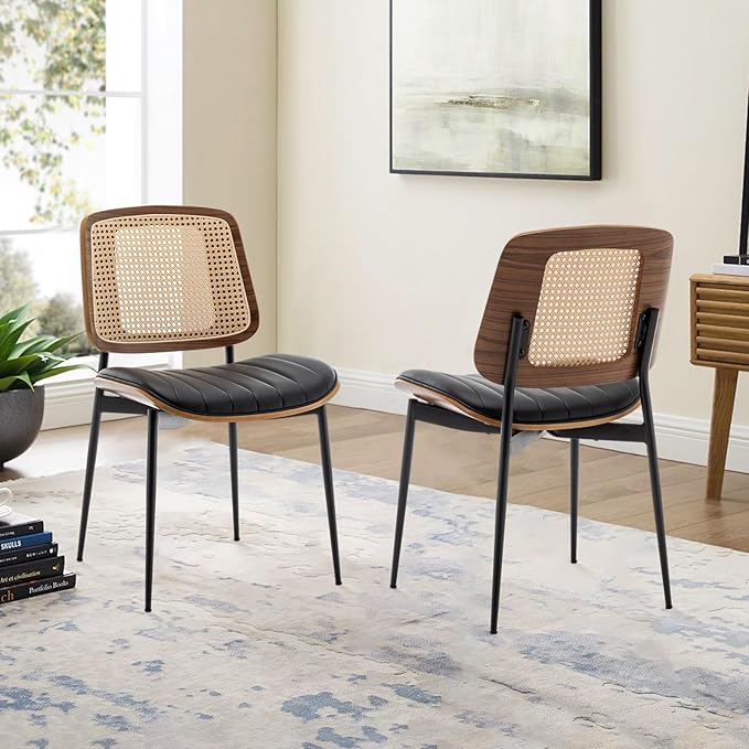 LUNLING Dining Chairs Set of 4 Mid Century Modern Retro Faux Leather Kitchen Chair with Walnut Bentwood Upholstered Seat Metal Legs Adjustable Foot for Kitchen Dining Room Chairs(Black-Rattan Back)