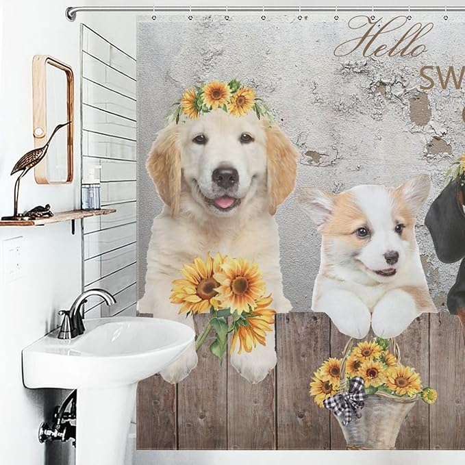 Dog Pattern Shower Curtain Farmhouse Country Rustic Wooden Farm Sunflower Animal Pattern Duty Fabric Shower Curtains Set Bathroom Polyester Waterproof with 12 Hooks,72x72Inch（183x183cm）
