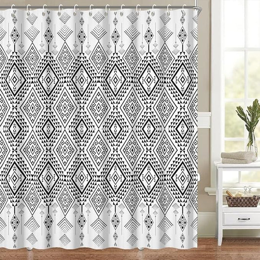 Bohemian Shower Curtain for Bathroom Black and White Geometric Pattern Shower Curtains Modern Abstract Minimalist Bathroom Decor Set Washable Waterproof Polyester Fabric with Hooks 72x72 Inch