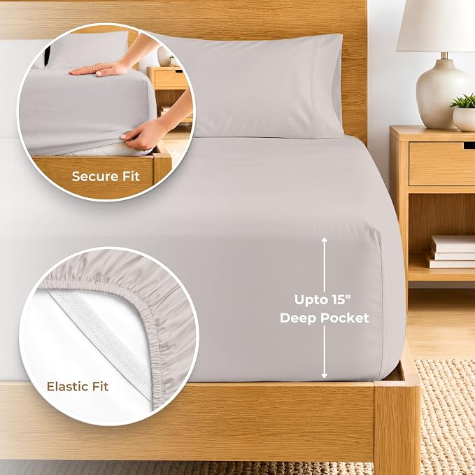 SGI bedding RV Short Queen Sheet Set 60x75, 600 TC Egyptian Cotton, 4 Piece Luxury Hotel Collection, Ultra Soft & Breathable, Fits RV Mattress Camper & Trailer, 15 Inch Pocket, Light Grey
