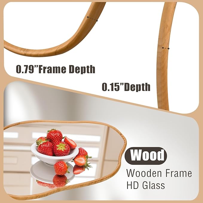 ULIKE Irregular Wall Mirror, 24x36 Inch Asymmetrical Wall Mirror with Solid Wood Frame, Mid-Century Modern Decor with Natural Wood, Vanity Mirrors for Bathroom Bedroom Living Room Entryway