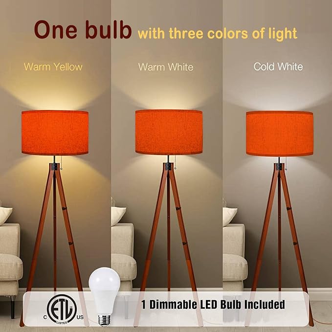 Wood Tripod Floor Lamp Orange Color for a Warm Colorful Modern Standing Lamp Linen Lampshade Dimmable Tall Lamp Mid Century Floor Lamp for Living Room Bedroom
