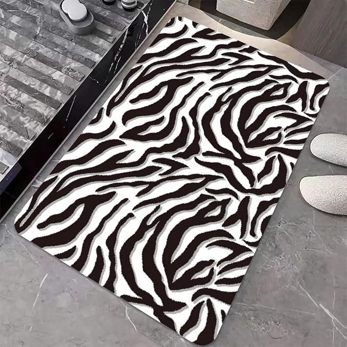 Diatomaceous Earth Bath Mat,Black and White Zebra Print Non-Slip Volume Super Absorbent Fast Drying for Bathroom Kitchen Door mat,Eco-Friendly Easy to Clean 16×24Inch (40 * 60cm)