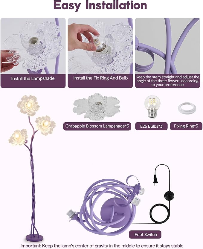 3 Light Flower Floor Lamps for Living Room, Standing Floor Lamp with Flexible Gooseneck, Unique Floor Lamp with 3 Color Temperatures, Tall Corner Floor Lamps for Living Room, Bedroom—Purple