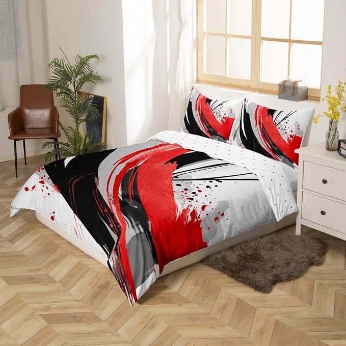 Erosebridal Black and Red Bedding Set Twin | Modern Geometric Striped Duvet Cover for Boys Girls Contemporary Watercolor Graffiti Bed Set Boho Minimalist Aesthetic Art Bed Cover 2 Pieces