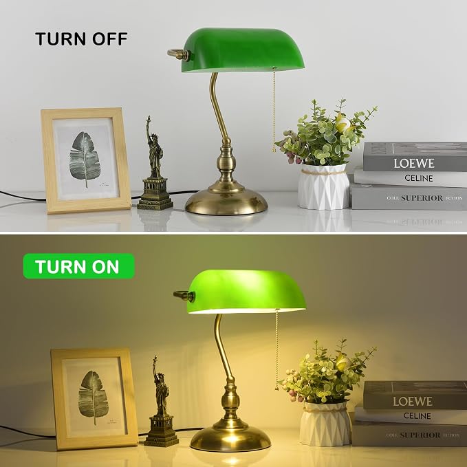Classic Banker's Desk Lamp, Green Glass Shade, Antique Brass Base, Pull Cord Switch, Vintage Style