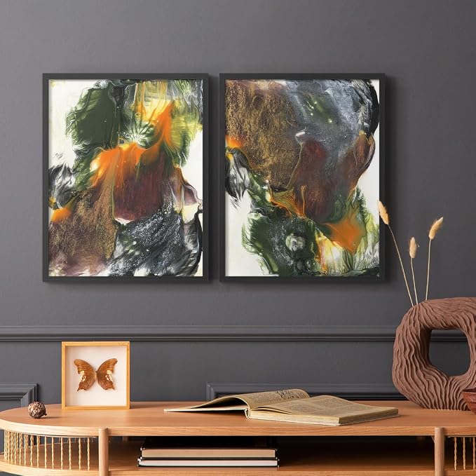 Renditions Gallery Set of 2 Peel & Stick Framed Prints, Watercolor Abstract Wall Art, Colorful Fluid Design Wall Decor, Re-Stickable - Ready to Hang - 8"x10" - Black Frame LT588