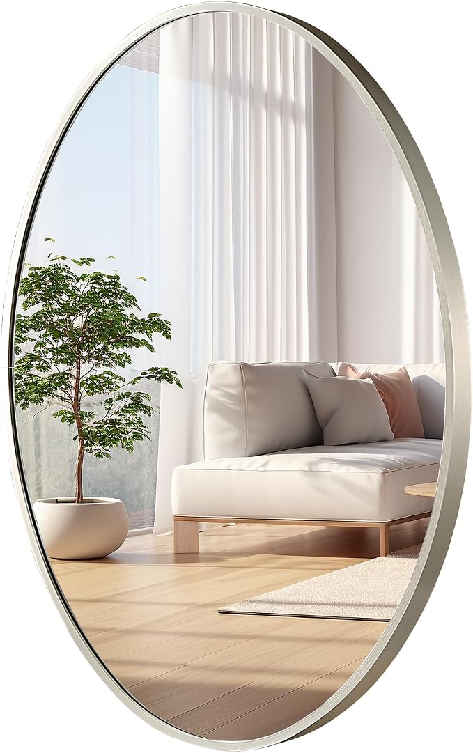 Oval Wall Mirror, 22"x30" Brushed Nickel Vanity Mirror, Bathroom Mirror of Metal Frame, Home Decorative Wall Mounted Mirror for Bathroom, Living Room, Entryway, Vanity