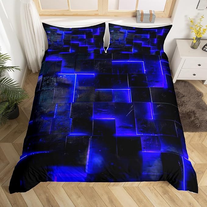Erosebridal Black and Navy Blue Duvet Cover Full Modern Abstract Full Bedding Set, 3D Glowing Plaid Comforter Cover Gradient Grid Bed Set, Neon Square Bedding 3pcs (Black Reversible)