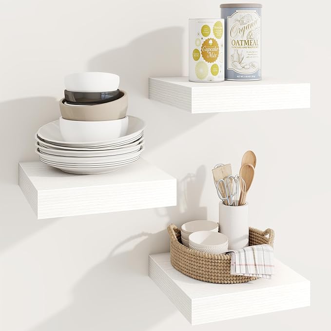 Square Floating Shelves for Wall, 10"W x 10"D x 1.25"H, 3 Packs Small Wall Mounted Engineered Wood Shelves with Invisible Brackets for Living Room, Bedroom, Bathroom, Kitchen Decor, White