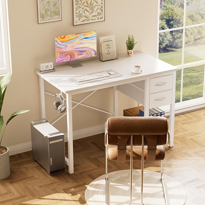 Sweetcrispy 40 Inches Computer Desk with Drawers Home Office Writing Desk X Shaped Reinforcement Modern Study Work Table Side Hook Sturdy Metal Frame Large Surface Storage Organization Station White