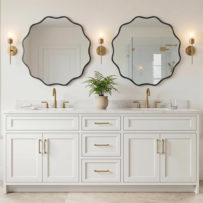 PERFNIQUE Black Scalloped Mirror, 30'' Round Wall Mirrors Wavy Wood Framed with Tempered Glass for Bathroom Nursery Bedroom Living Room Entryway, Decorative Modern Wall Decor