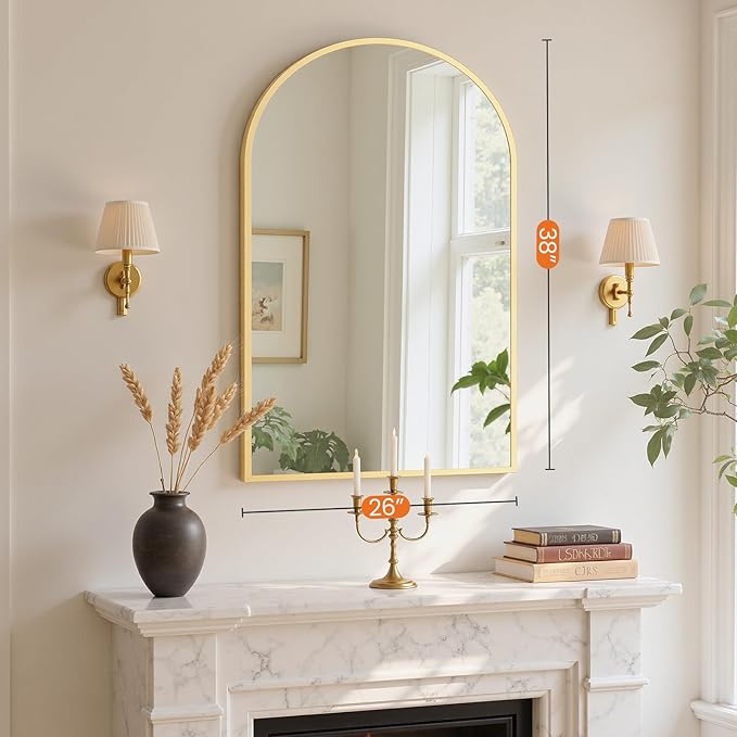 Sweetcrispy 26"x39" Arched Gold Bathroom Mirror, Bathroom Mirrors for Over Sink, Modern Wall Mirrors Arch Decorative for Entryway, Bedroom, Vanity,Horizontal or Vertical Hanging