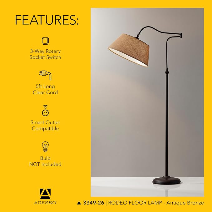 Adesso Floor Lamp, Antique Bronze Finish, Khaki Burlap Lampshade – 3-Way Brightness, Adjustable Overhead Bedroom, Home Office Lighting, or Living Room Decor, 60.25” Tall