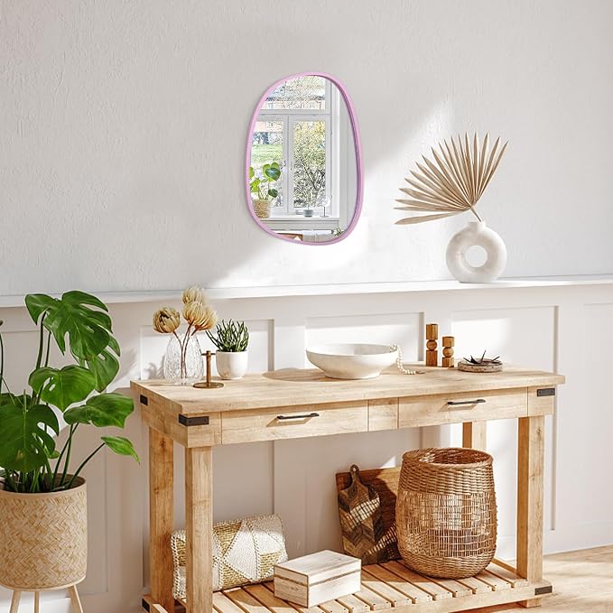 Irregular Wood Mirror with Frame Oval Asymmetrical Mirror for Wall Living Room Bedroom Bathroom Entryway Hallways Modern Unique Decorative Artistic Hanging Mirror Pink