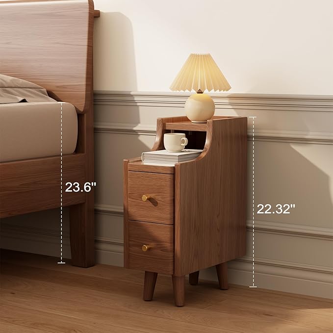 Narrow Nightstand with 2 Drawers,Walnut Nightstand,Bedside Table,Solid Wood Modern Bedside Table for Bedroom,Study,Toilet