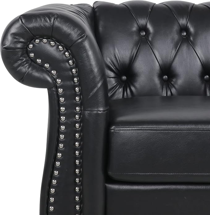 LEVNARY Leather Upholstered Armchair, Mid-Century Modern Single Sofa Chair with Rolled Arms and Nailhead, Tufted Pu Leather Chesterfield Chair for Home Bedroom Reading Room (Black)