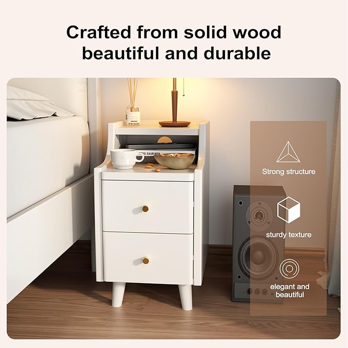 Narrow Nightstand with 2 Drawers,White Nightstand,Bedside Table,Solid Wood Modern Bedside Table for Bedroom,Study,Toilet