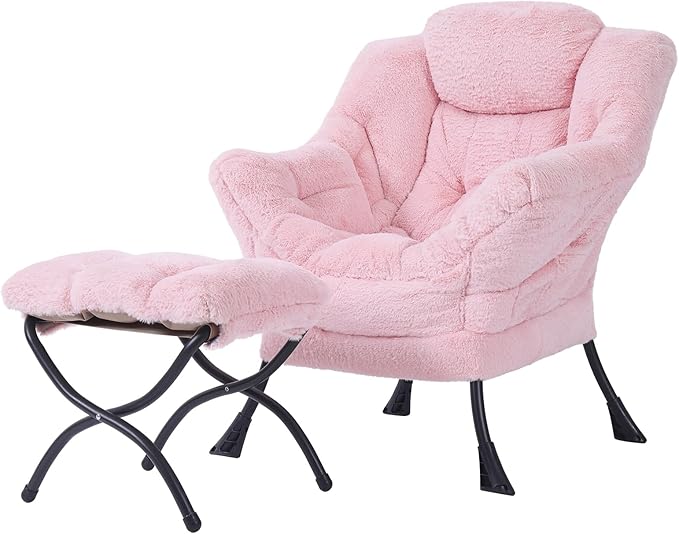 Tiita Lazy Chair with Ottoman, Pink Modern Large Accent Chair, Comfy Leisure Sofa Armchair with Ottoman, Reading Chair with Footrest for Bedroom, Living Room, Dorm Rooms, Plush Pink