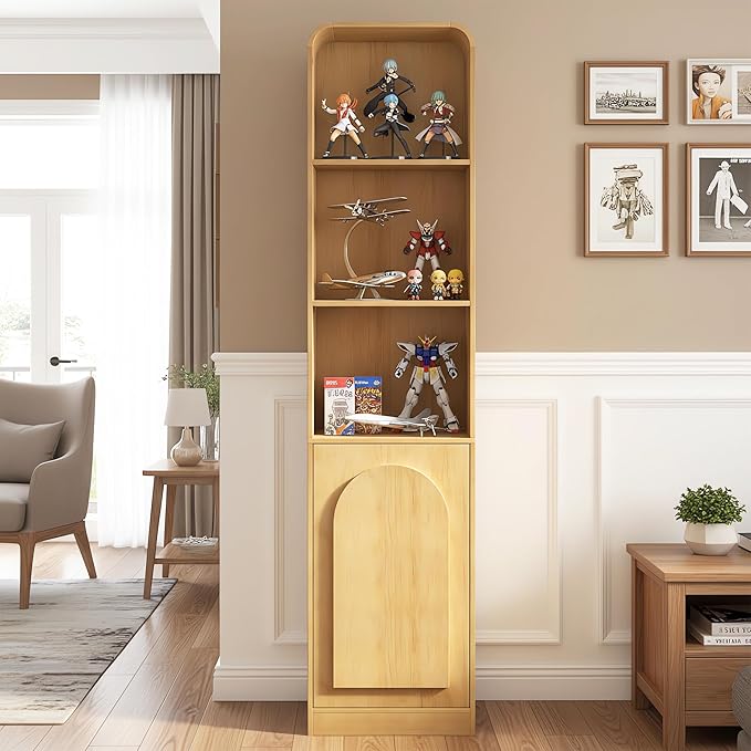 Slim Bathroom Storage Cabinet with Arched Door, Tall Narrow Cabinet with 5 Tier Adjustable Shelves, Mid Century Modern Floor Cabinet for Living Room, Kitchen, Wood, Thin