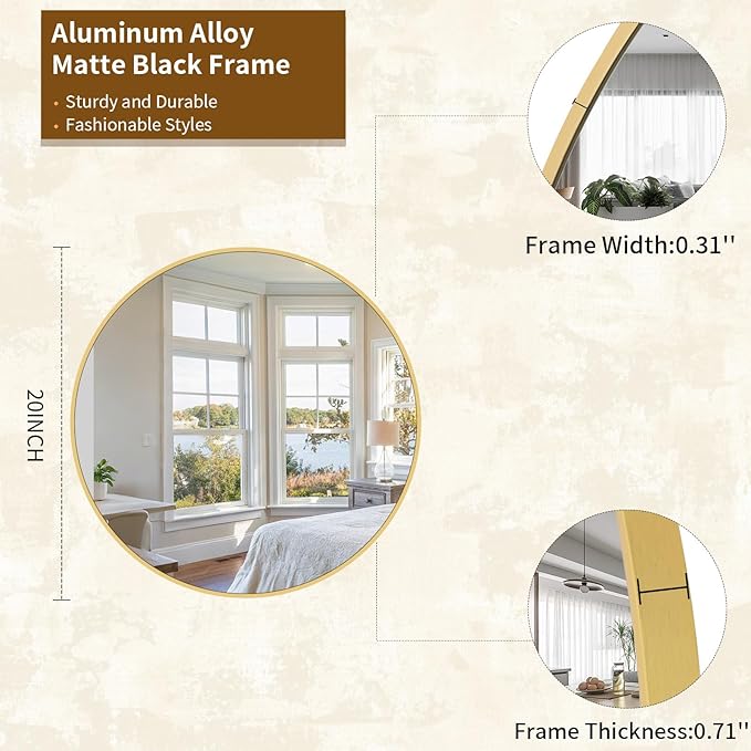 Round Mirror Wall Mounted Mirror - 20" Circle Mirror Bathroom Vanity Mirror with Aluminum Frame for Bedroom Living Room, Entryway Decor Gold Mirror