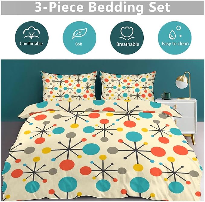 Modern Geometric Bedding Set,1950s 1960s Mid Century Vintage Abstract Atomic Stars Geometric Diamond Pattern Comforter Set with Pillowcase for Bedroom Bed Decor,Queen 90"x90"