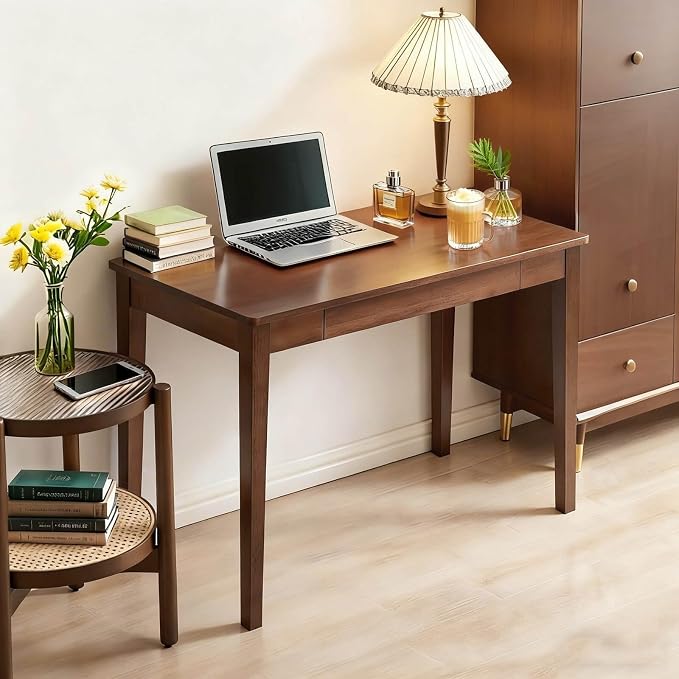 Solid Wood Desk,40" Oak Wooden Desk with Drawers,Mid Century Modern Small Computer Desk with Drawers for Small Spaces Home Office Solid Wood Writing Desk,(Walnut Color-1 Drawers) (Walnut Color)