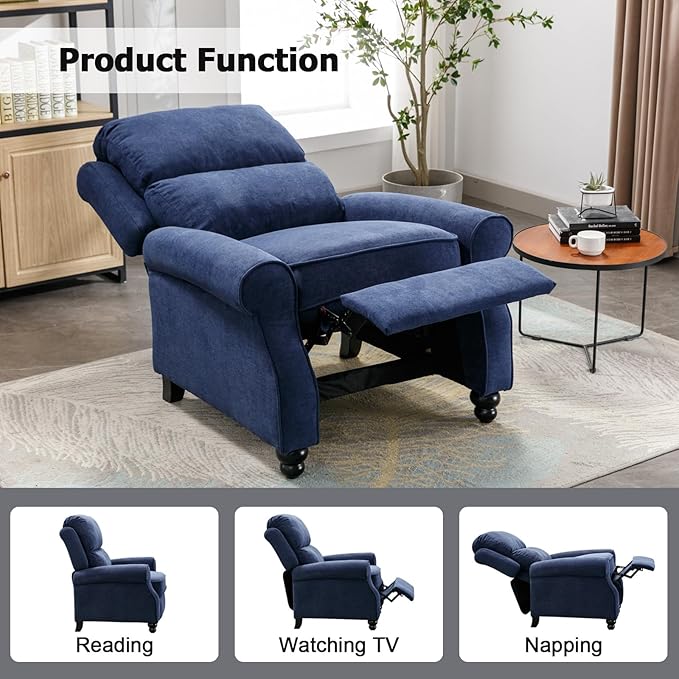 Push Back Recliner Chair, Fabric Armchair Overstuffed Pushback Recliner, Heavy Duty Single Sofa Chair with Padded Seat Solid Wood Legs for Living Room (Blue)