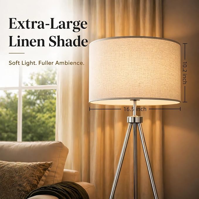JOOFO Modern Metal Tripod Floor Lamp with Remote Control Tall Standing Decorative Corner Lamp with Oversized Linen Fabric Shade, Foot Switch for Living Room Bedroom Reading Nook Decor, Satin Nickel
