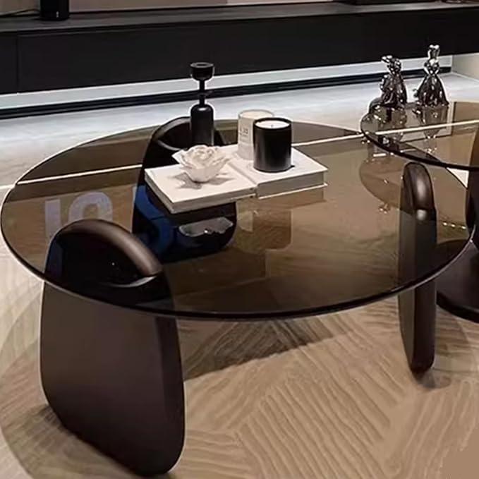 EASYSOUL Modern Round Coffee Table with Glass Top, 35.43" L x 35.43" W x 14.69" H, Circular Tea Tables for Living Room Home Office Industrial Cocktail Tables (Black-Grey Glass/35.43 ")