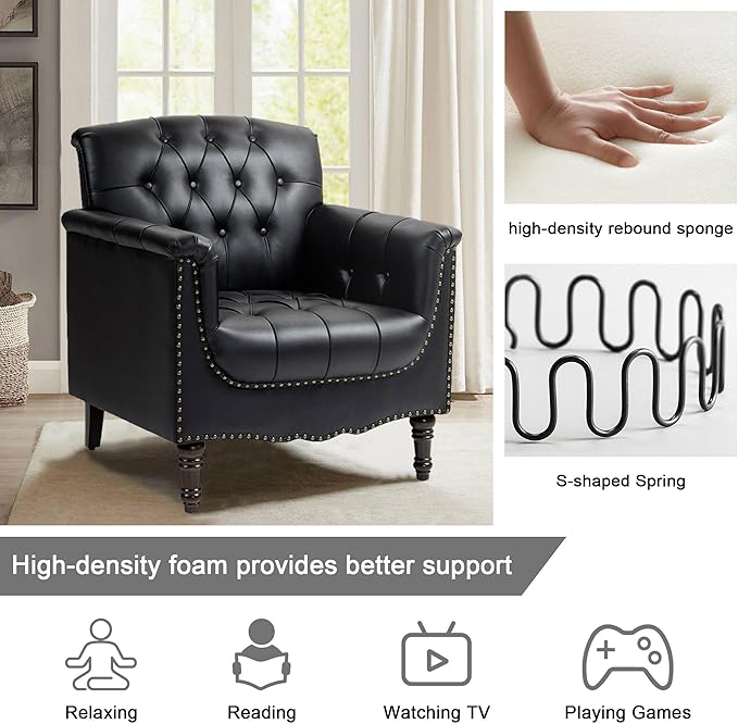 Lumibee Faux Leather Accent Chairs Set of 4, Upholstered Armchairs with Nailhead Trims & Wood Legs for Living Room, Bedroom, Contemporary Comfy Club Chairs for Office-Black