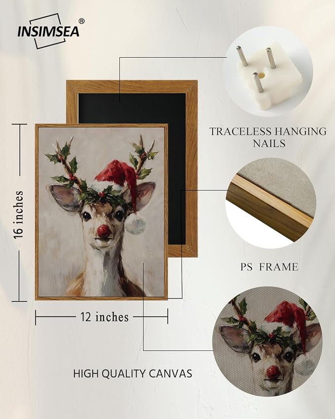 InSimSea Christmas Decor Framed Wall Art, Elk wearing a Santa hat Canvas Painting, elegant Holiday decor Unique Christmas Gifts For Table Wall Farmhouse Mantel Home Office 16L x 12W