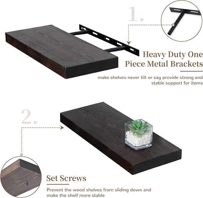 Marsmiles Wood Floating Shelves | Rustic Dark Wood Wall Shelves Set of 2 | 16" W x 6.7" D Wooden Floating Shelves for Bathroom Kitchen Living Room Bedroom