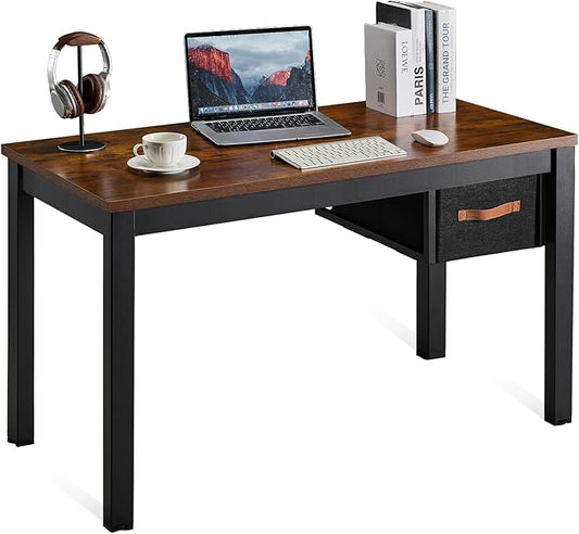 Computer Desk with Drawer, 47 Inch Home Office Work Desks, Modern Writing Study PC Desk Gaming Table for Small Place Bedroom, Thickened Tabletop and Stable Metal Frame Leg（Rustic Brown）
