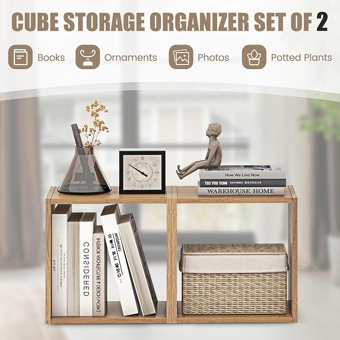 2 Stackable Cubes Bookcase, Wooden Cubby Storage Organizer with Anti-Tipping Device, Small Book Shelf for Small Space, Combination Square Bookshelf Cubes (2, Natural)